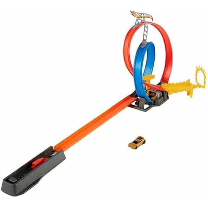 Coffret Piste Énergie Hot Wheels - Double looping et Cercle de feu - Petite Voiture Incluse