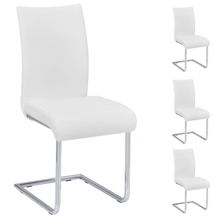 Lot de 4 chaises de salle à manger ALADINO piètement chromé revêtement synthétique blanc Lot de 4 chaises de salle à manger ALADINO piètement chromé revêtement synthétique blanc