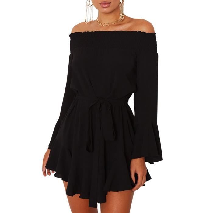 Robe Epaules Denudees Femme Col Bateau Manches Longues Taille Haute Robe de Cocktail Swing Mini Robe Noir Cdiscount Pret a Porter
