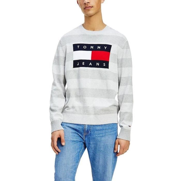 Pull Tommy Jeans Flag Pull Gris pour Homme