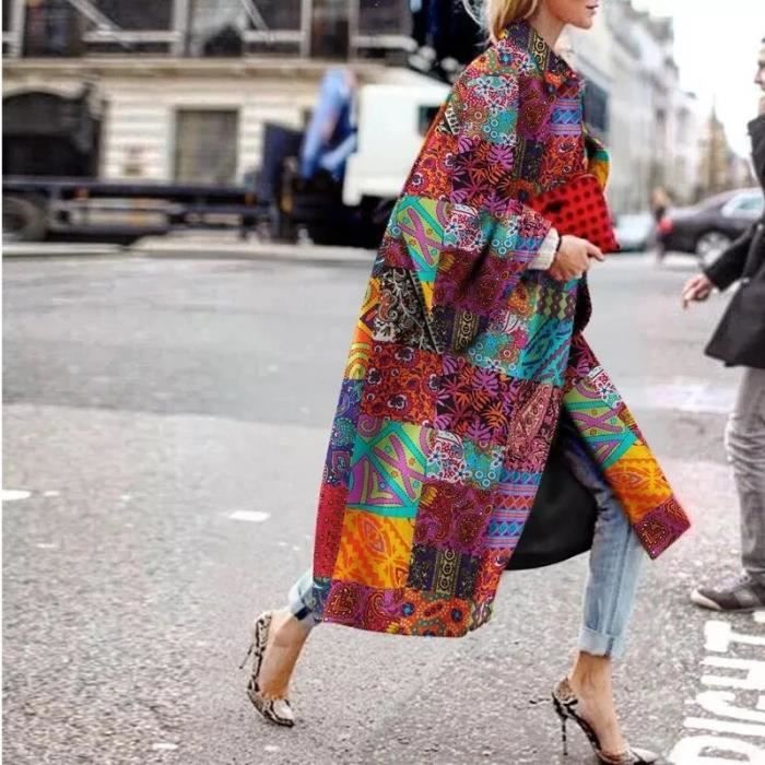 Manteau Automne Vintage colore bloc imprimer femmes Long manteau 2020 mode longue lanterne manches veste grande Type 06 Print Blanc Cdiscount Pret a Porter