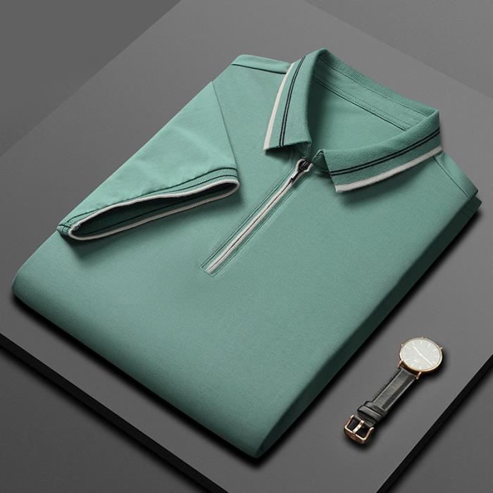 Polo zippé en coton Polo business haut de gamme uni homme manches courtes T-shirts d'été pour hommes Vert