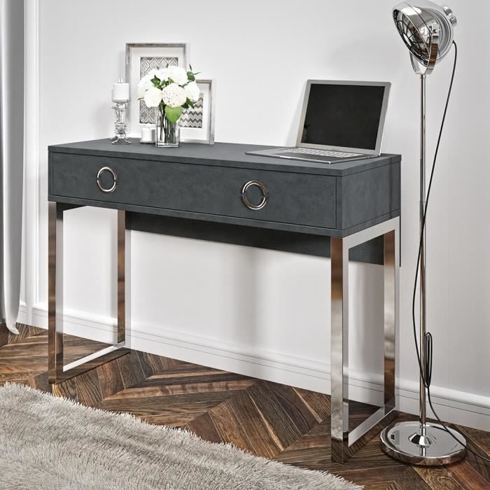 bureau console avec 2 tiroirs collection melton coloris gris, pieds en fer chromés. 80 gris