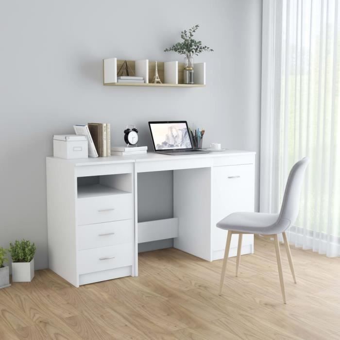 Bureau - 1 porte 3 tiroirs Blanc - 140x50x76 cm - Aggloméré