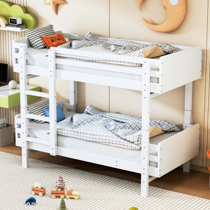 Lit Superposé Enfant ModernLuxe - Cadre Pin Massif, Escalier Et Barrière Sécurité - Blanc