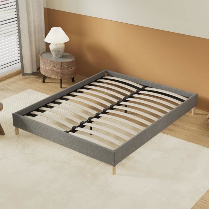 Keyroto Lit Sommier Tapissier 140x190 Cm - Lit Double Tissu Gris Foncé - Cadre Robuste Avec Pieds Stables