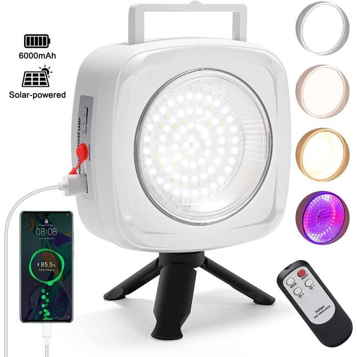 Lampe Camping Solaire Rechargeable USB - 120 LEDs, 5 Modes, Télécommande, étanche IPX7, Crochet - Pour Rando, Pêche, Urgence