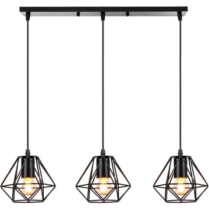 STOEX Lustre Suspension Luminaire 3 Lampes Suspendue Cage Diamant en Métal E27 40W Noir