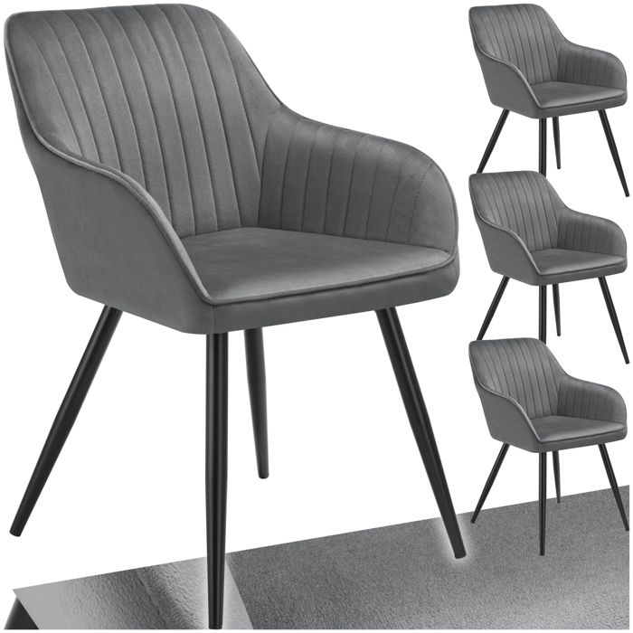 Chaise - TECTAKE - Lot de 4 chaises MARYLIN effet velours capitonné rembourrée et pieds acier noir 58 x 62 x 82 cm - Gris