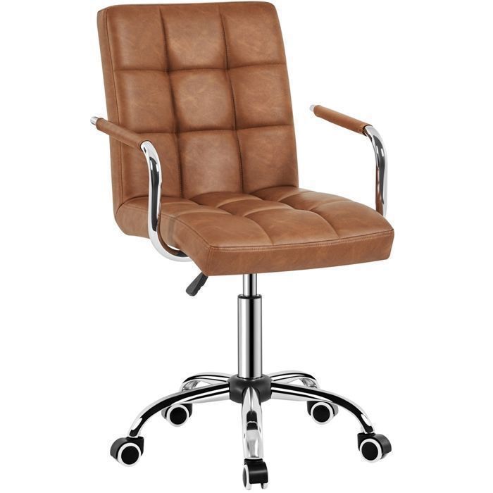 Fauteuil de Bureau Pivotant en Similicuir-Dossier Capitonné-Réglable en Hauteur Structure Métal-Marron Rétro - YAHEETECH