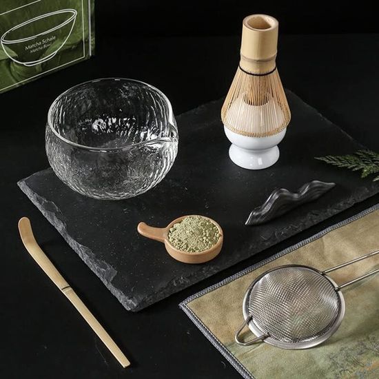 Kit Matcha 8 Pièces - Service à Thé Japonais Avec Bol, Fouet En Bambou, Cuillère, Passoire Et Serviette (coffret Cadeau)