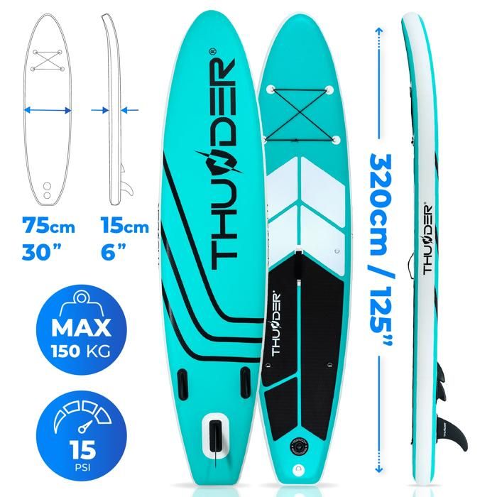 Paddle Gonflable Suprfit SUP – 330x78x15 Cm, Charge 130 Kg – Kit Complet : Pompe, Pagaie, Leash – Double Couche PVC