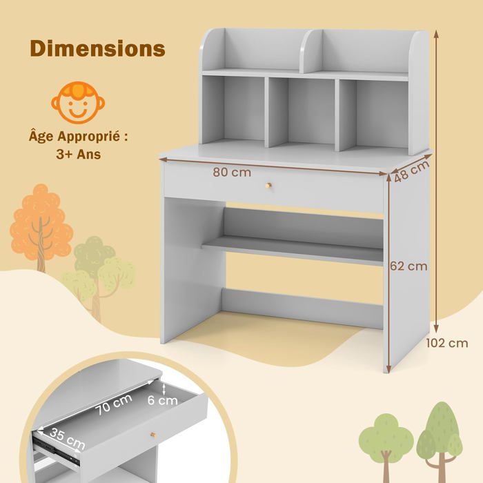 Bureau Enfant Avec étagères Et Tiroir - Dimensions 80x48x102 Cm - 5 étagères Ouvertes, Tiroir Coulissant - Stable, Anti-basculement - Coloris Gris - Pour Filles Et Garçons - 11