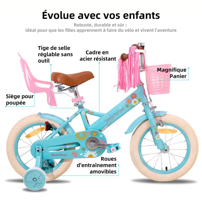 Vélo Enfant OHMG – 12/14/16 Pouces – Cadre Acier Carbone, Freins Avant/arrière, Selle Et Guidon Réglables – Roues Stabilisatrices – Pour 1 à 9 Ans