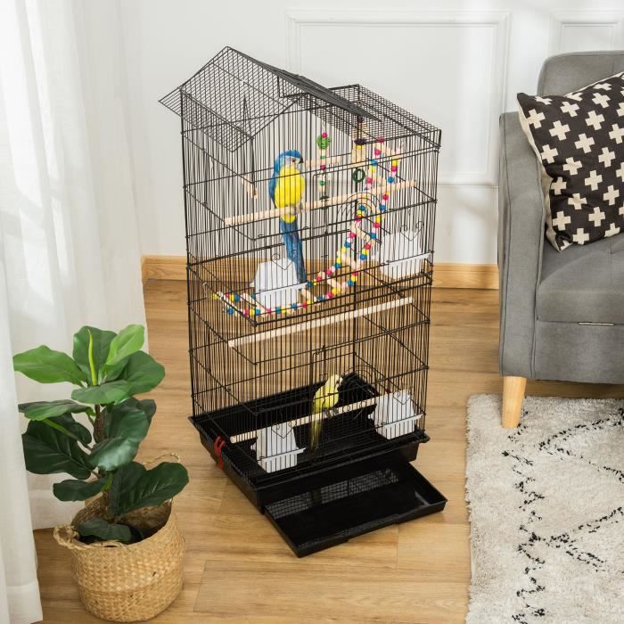 PawHut Cage à oiseaux sur pieds roulettes avec 4 mangeoires et 3