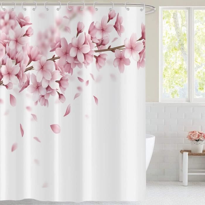 Rideau De Douche Fleurs De Cerisier 180x180 Cm - Style Japonais Aquarelle Montagne - Imperméable Polyester