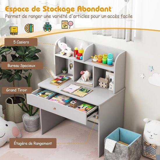 Bureau Enfant Avec étagères Et Tiroir - Dimensions 80x48x102 Cm - 5 étagères Ouvertes, Tiroir Coulissant - Stable, Anti-basculement - Coloris Gris - Pour Filles Et Garçons - 5