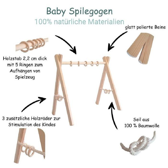 Portique D’éveil En Bois Naturel – Arche Pliable Avec 3 Jouets Sensoriels – Pour Nouveau-né 0-12 Mois – Pin