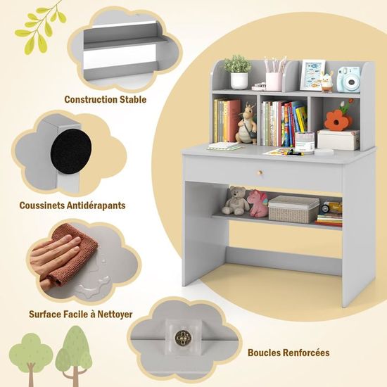 Bureau Enfant Avec étagères Et Tiroir - Dimensions 80x48x102 Cm - 5 étagères Ouvertes, Tiroir Coulissant - Stable, Anti-basculement - Coloris Gris - Pour Filles Et Garçons - 7