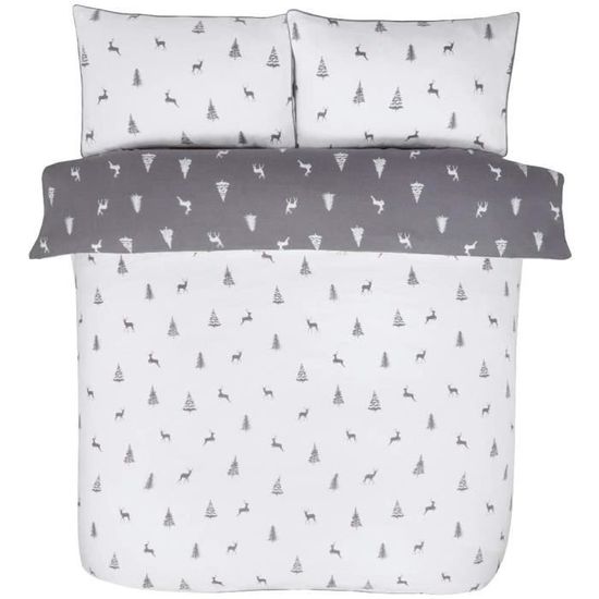 Sleepdown Parure de lit réversible avec Housse de Couette et taie d'oreiller Motif cerf et Arbres Gris/Blanc 100 % Coton brossé pour lit Simple 135 x 200 cm 