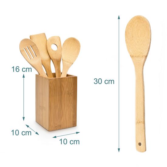 Ensemble 5 Ustensiles Cuisine En Bambou Avec Support - Cuillère, Spatule - Écologique Et Antibactérien