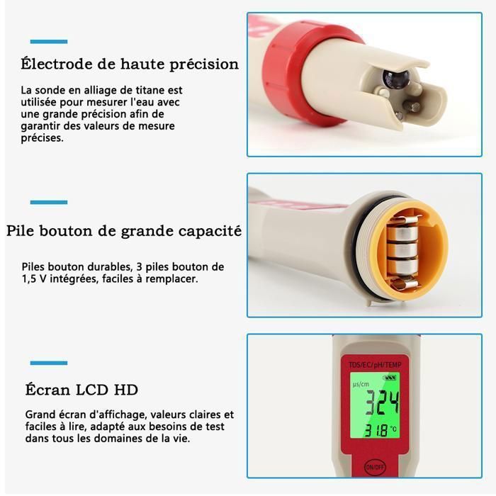 Flysocks Testeur D'Eau Numérique 4 En 1 – PH, TDS, EC, Température – Calibrage Auto – Étanche IP67 – Piscine, Aquarium, Hydroponie