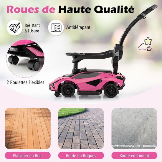 DREAMADE Voiture Enfant Lamborghini 3-en-1 : Poussette, Trotteur Et Mini-Volant 25 Kg, Avec Musique, Lumières Et Son Moteur – Dès 18 Mois (Blanc)