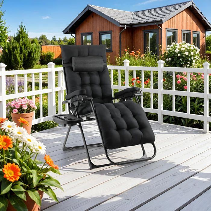 Chaise Longue Pliable Jardin - Fauteuil Relax Extérieur Réglable Avec Oreiller Noir 150kg