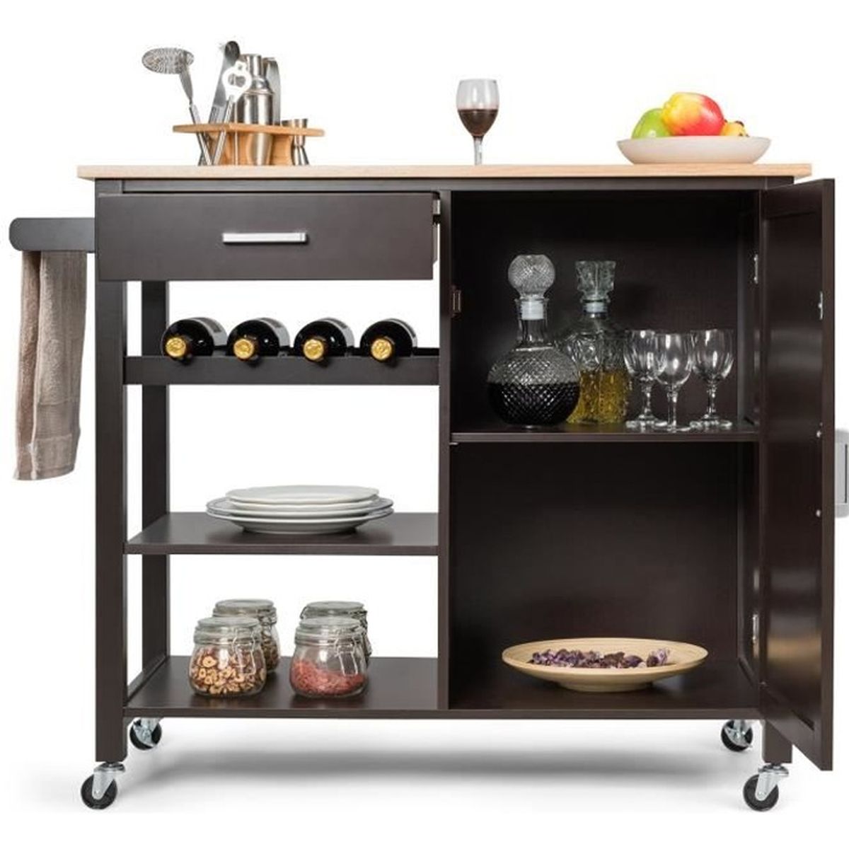 Chariot De Cuisine Avec Rangement Micro-ondes - 2 étagères + Armoire, Roulettes Dont 2 Freinées - Dimensions 60x40x98 Cm
