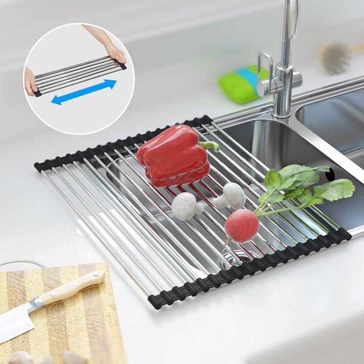 Égouttoir Télescopique En Acier Inoxydable Pour évier - 43x40 Cm - Roulable, Gain De Place, Multifonction - 5