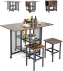 RELAX4LIFE Ensemble de Table à Manger Pliante avec 2 Tabourets, Table de Cuisine avec Roues Verrouillables, 2 Étagères, Naturel