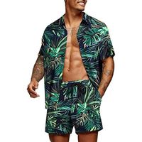 Ensemble Survêtements Hawaiian Imprimé Homme Été T-Shirt à Manche Courte et Shorts 2 pièces Plage Casual Sportswear vert-A