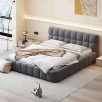 Lit rembourré, lit double avec dossier moelleux et bordure rembourrée, lin, gris, 140 x 190 cm