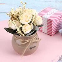 VINGVO Fleurs artificielles Fleur Rose en Soie Artificielle Vase en Céramique Décoration de Bureau en Pot Ornement Blanc
