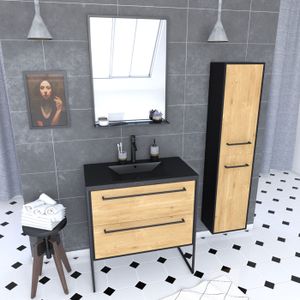 SALLE DE BAIN COMPLETE Ensemble Meuble de salle de bain blanc 80cm + vasque noir effet pierre + miroir + colonne rangement