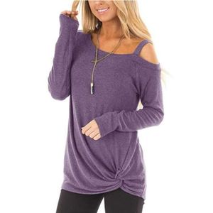 T-SHIRT T-shirt femmes Manches longues pissure paule oblique nou solide couleur violet