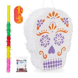 Piñata 4 tlg. Pinata Set Totenkopf, XXL Konfetti Sack, Pinatastab mit Augenmaske, Piñata Skull, Pinatastock & Augenbinde, bunt