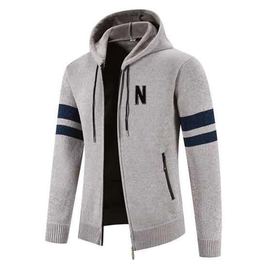 Gilet Capuche Homme en Tricot Chaud Doubl Polaire Cardigan Zippe