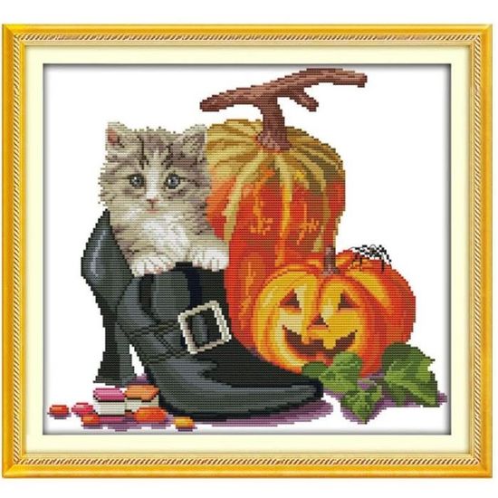 Kit Broderie Point De Croix Chaton - Tissu Imprimé 41x38cm Pour Débutants