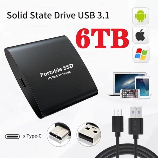 ZGEER Disque SSD externe portable 6 To - USB 3.1 - Sécurisation par mot de passe