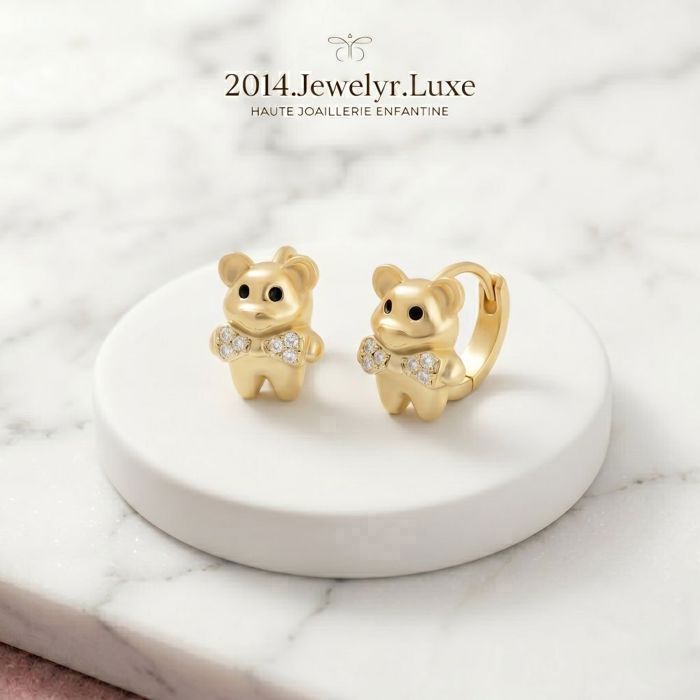 Boucles dOreille - Créoles - Ourson - Scintillant - Or Jaune 14 Carats - Vermeil - Zircons - Enfant