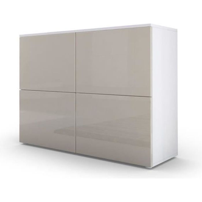 Commode design avec le corps mat blanc et façades laquées gris sablé