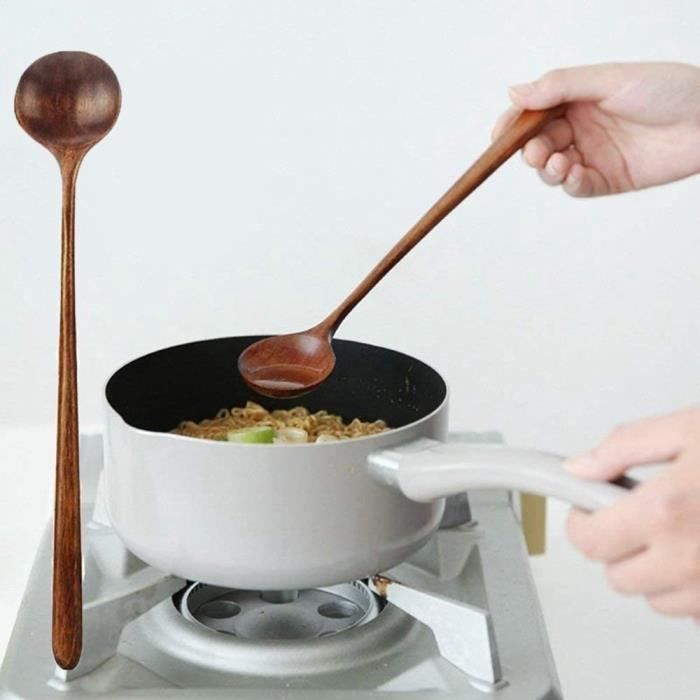 10,9 pouces de mélange en bois naturel vaisselle en bois à long manche fournitures de cuisine cuillères à soupe