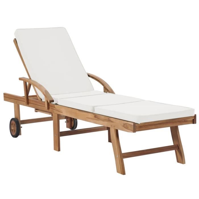 Chaise longue Bain de soleil Transat Grand confort avec coussin Bois de teck solide Crème