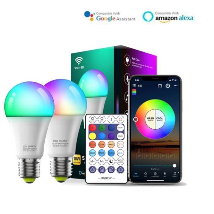 Ampoule Connectée Wifi E27 10W LED Multicouleurs RGB + CCT 2700K-6500K, Compatible Avec Alexa/Google Home, 2 PCS