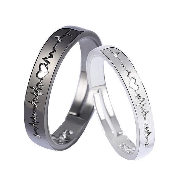 Bagues couple. Ajustable. Battements de cœur. ECG. Lot de 2