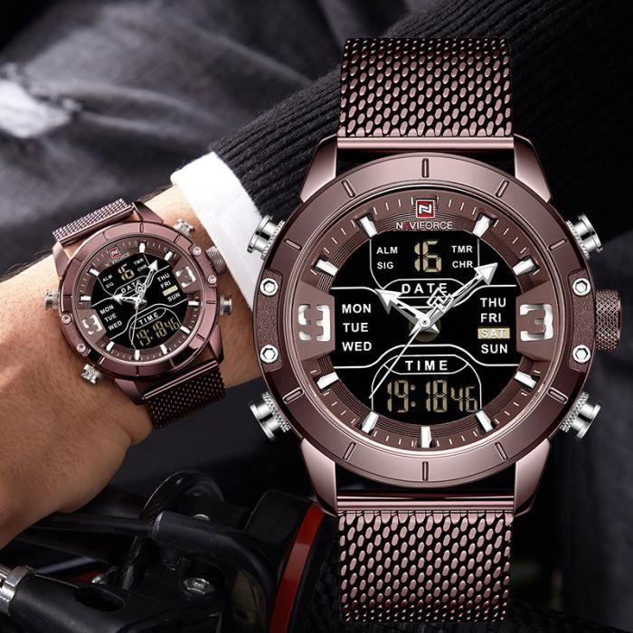 NAVIFORCE hommes LED montres numériques analogiques en acier inoxydable étanche numérique sport hommes montres - montre homme