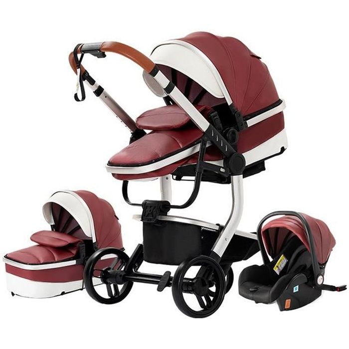 Poussette 3 en 1 Bébé Combinée Siège-Auto Nacelle Trio Réversible cuir pu Roues increvables Canne rouge.bazarland30