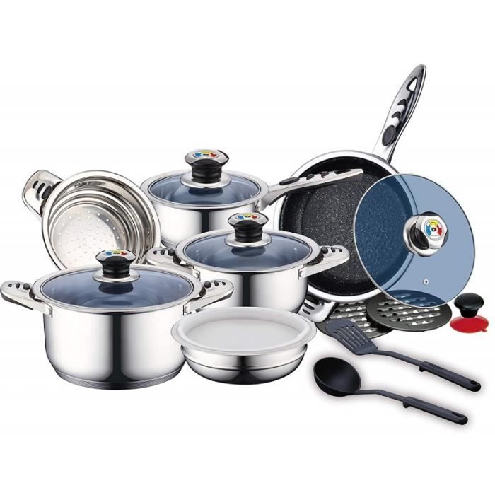 Batterie de cuisine 16 pcs en inox et effet pierre