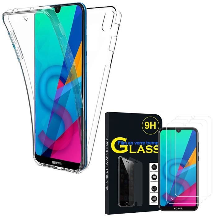 Pour Huawei Honor 8S- Honor Play 8: Coque Silicone 360° protection intégrale Avant et Arrière - TRANSPARENT + 3 Films Verre Trempé